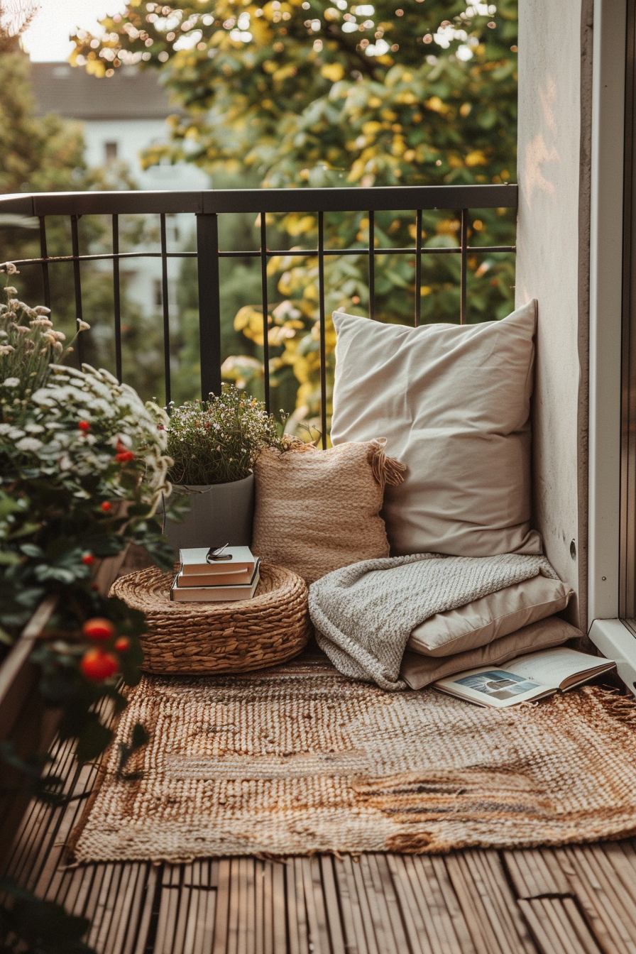 ALT: A cozy balcony corner with cushions, a knit blanket, and books atop a woven basket, framed by lush greenery and a warm, ambient light.
