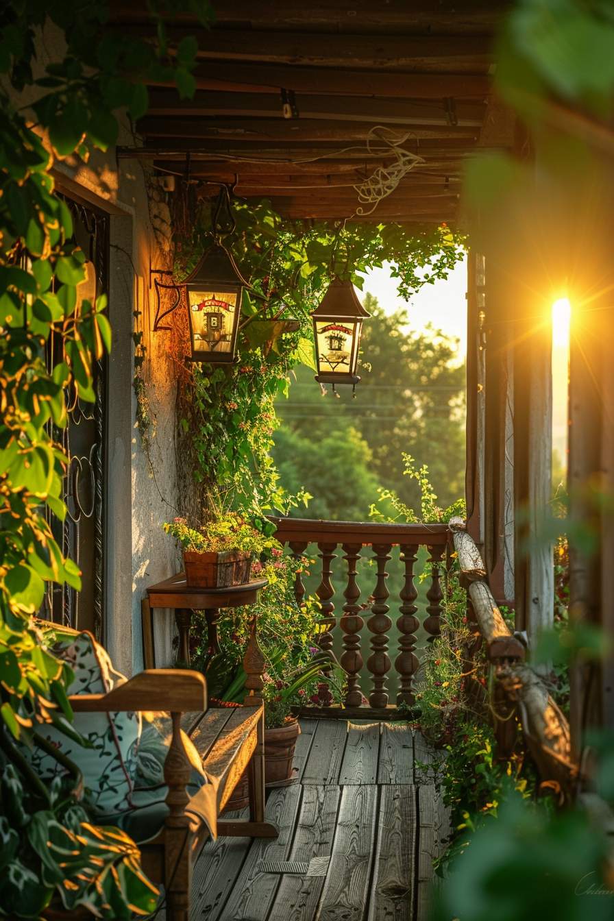 A cozy balcony adorned with hanging lanterns, potted plants, and wooden furniture basks in the warm glow of a setting sun.