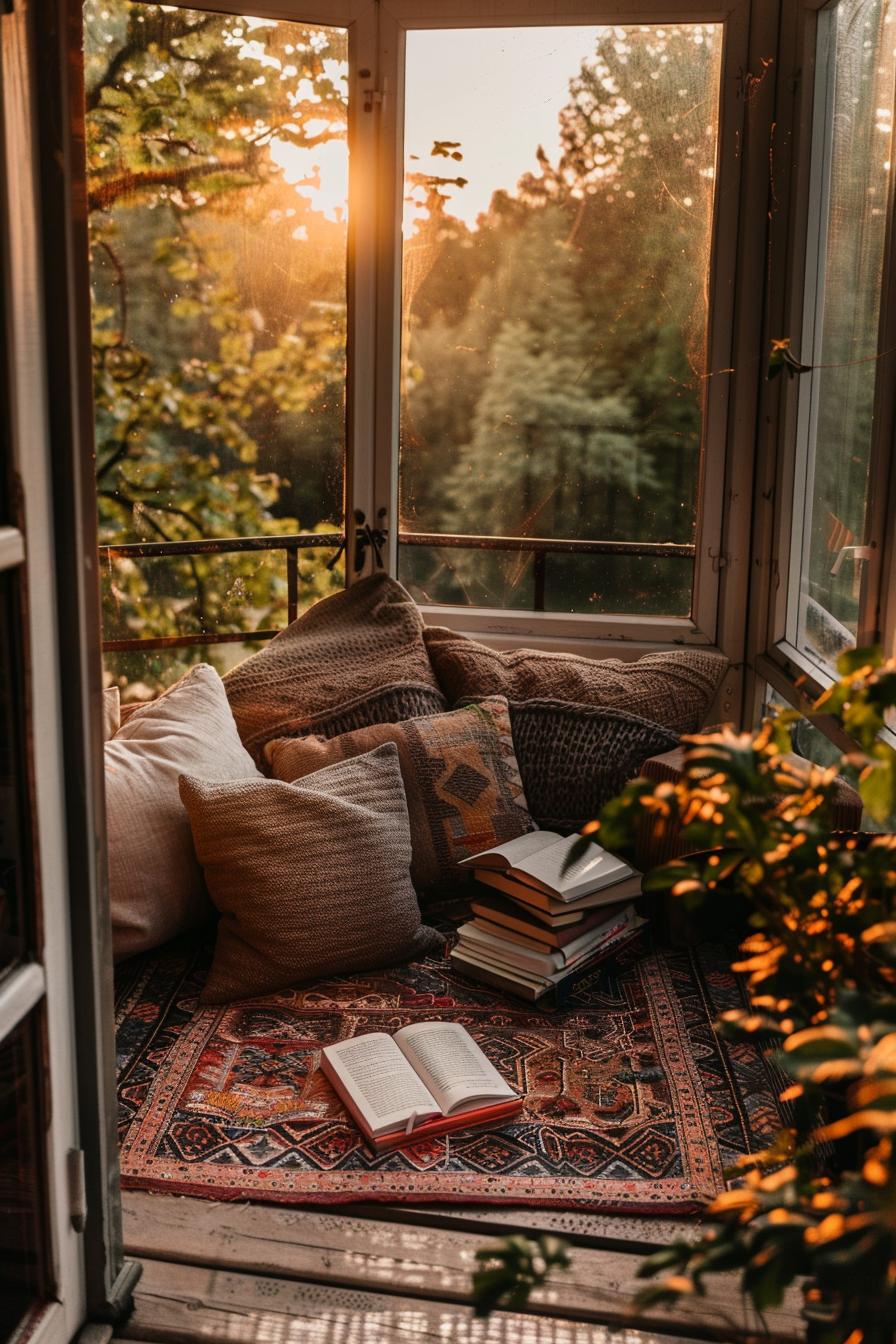 Cozy reading nook with cushions, a stack of books, and an open book on a rug by an open window with a view of trees at sunset.