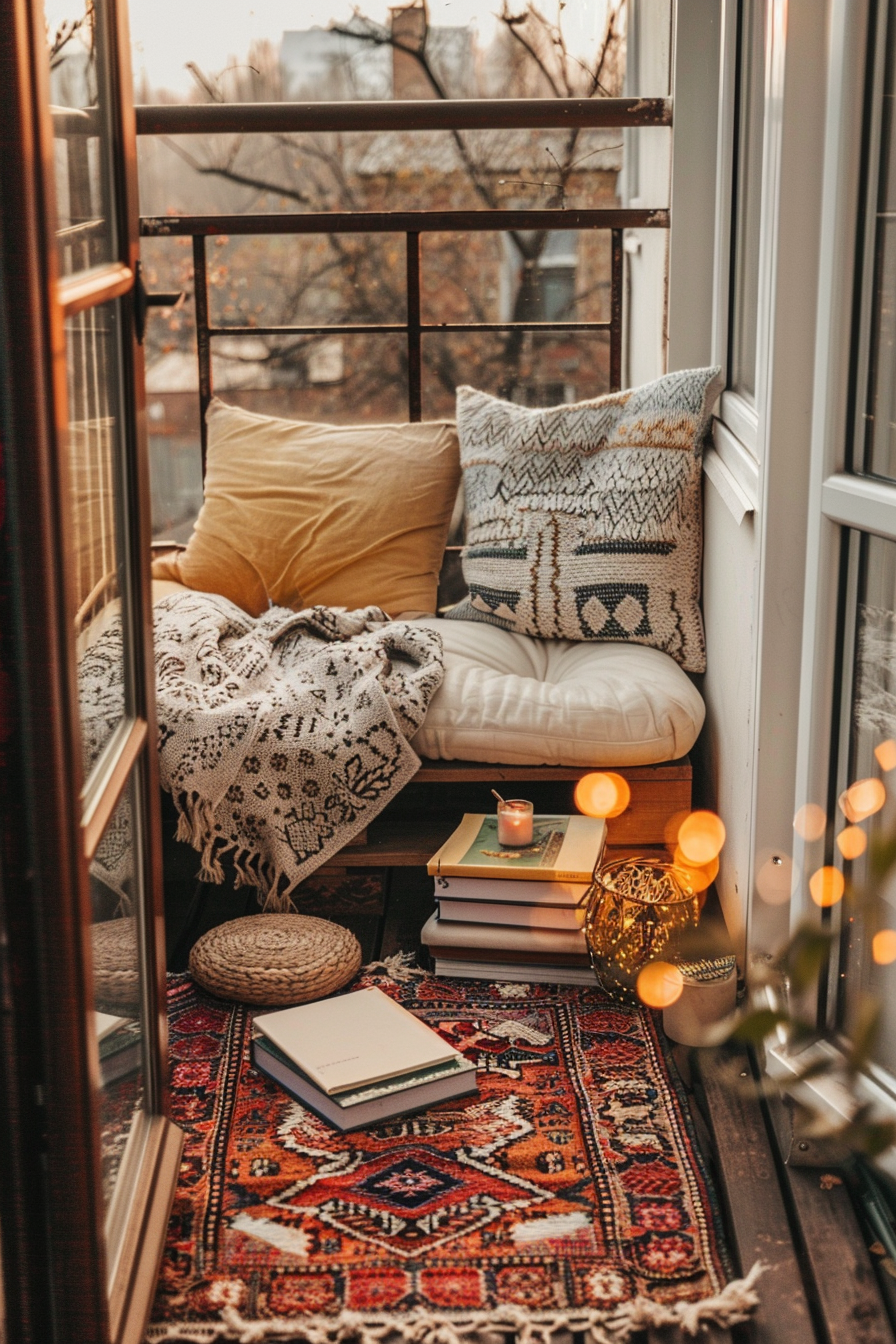 ALT: A cozy balcony corner with cushions, a throw blanket, lit candle, books, and fairy lights, overlooking an autumnal outdoor scene.