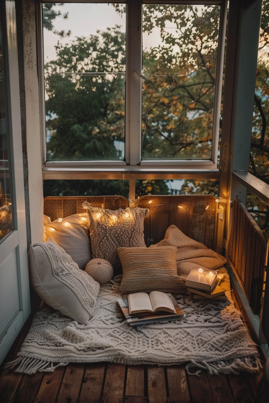 Cozy reading nook by an open window with string lights, pillows, blankets, and an open book, overlooking trees at dusk.