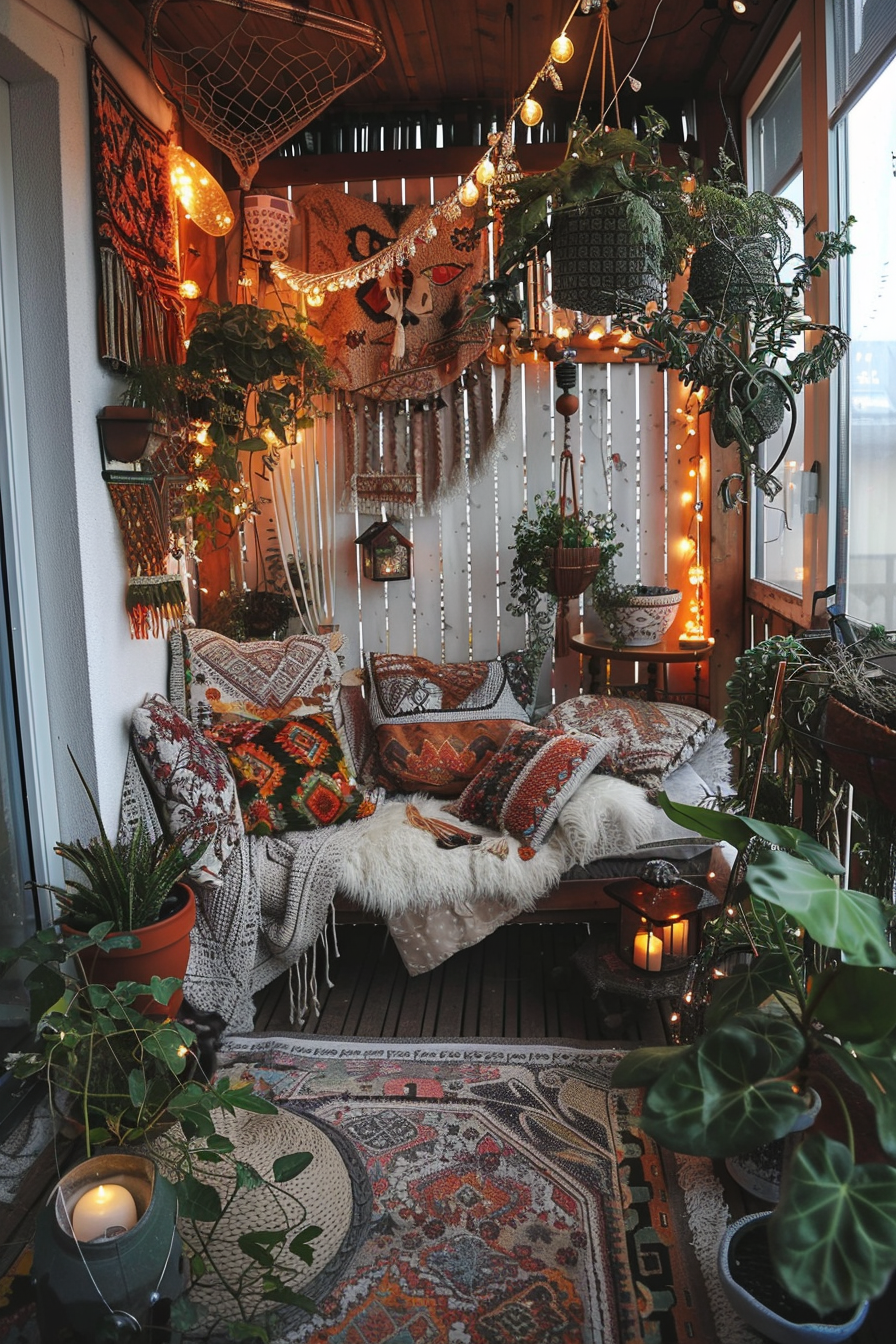 Cozy balcony with bohemian decor, patterned textiles, plants, warm string lights, and a cushioned seating area.