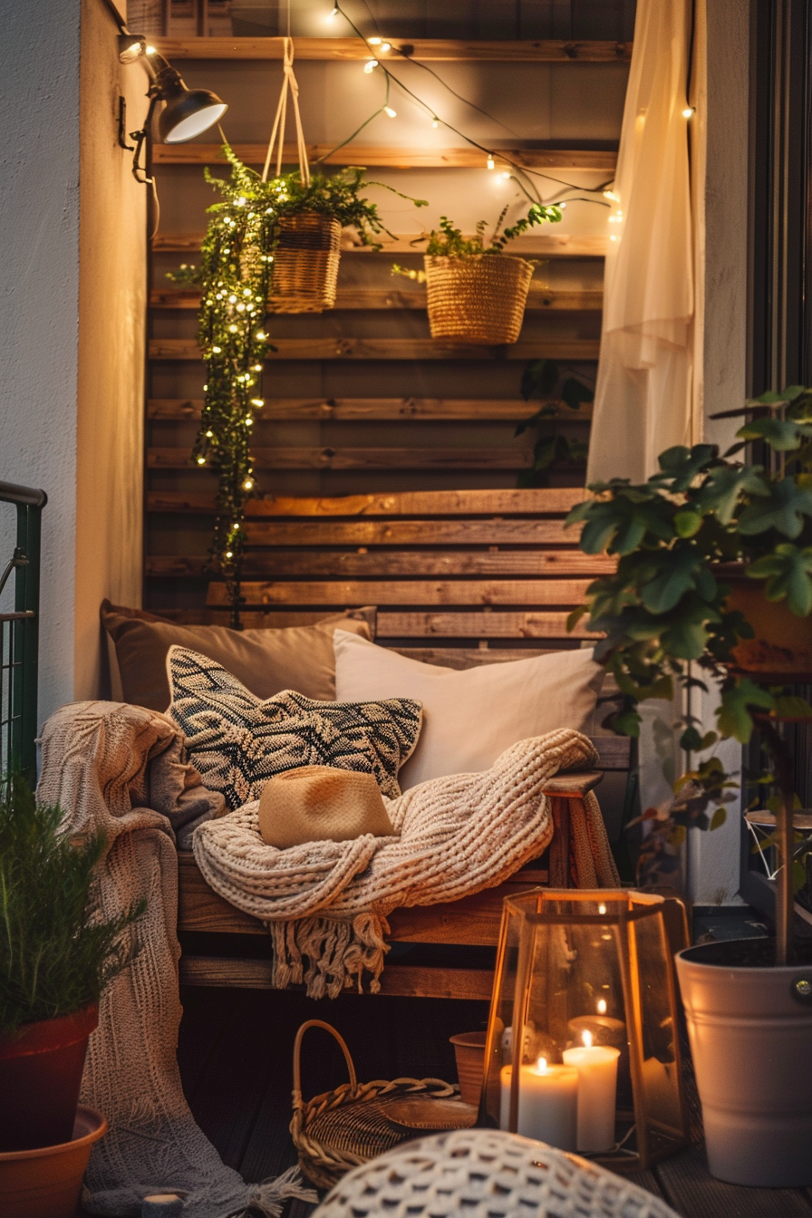 Cozy balcony corner with cushions, string lights, plants in hanging baskets, and candles at dusk.