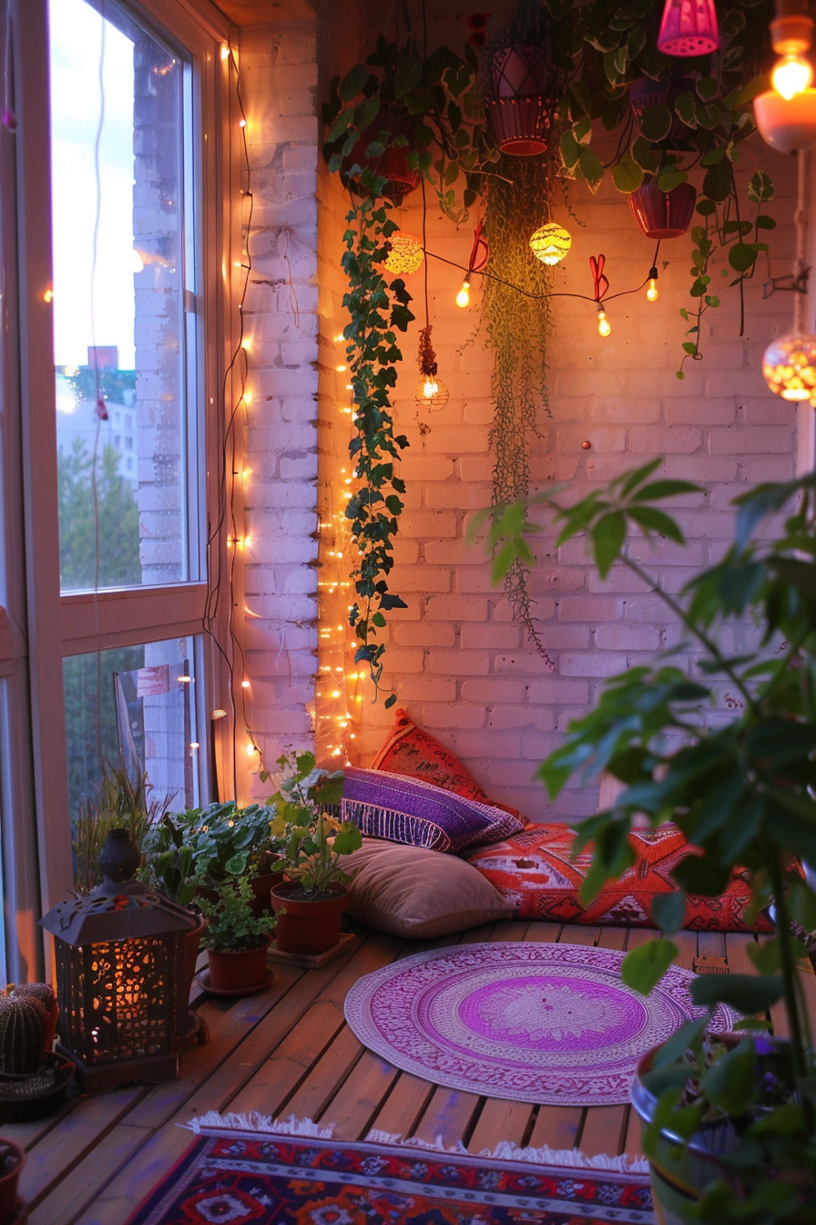 Cozy balcony corner with twinkling lights, hanging plants, colorful cushions, and ethnic rugs at dusk.