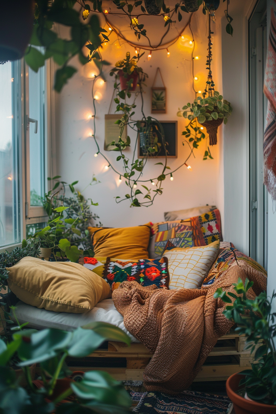A cozy balcony nook with cushions, a knit throw, fairy lights, and surrounding green plants creating a warm, inviting space.