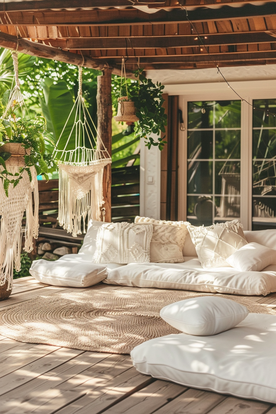 Cozy outdoor bohemian-style patio with macrame plant hangers, comfortable cushions, and round rug under a wooden pergola.
