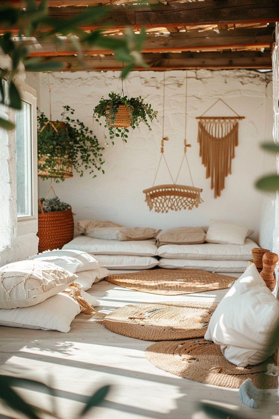 Cozy, bohemian-style interior with cushions on the floor, hanging plants, and macrame decorations bathed in natural light.