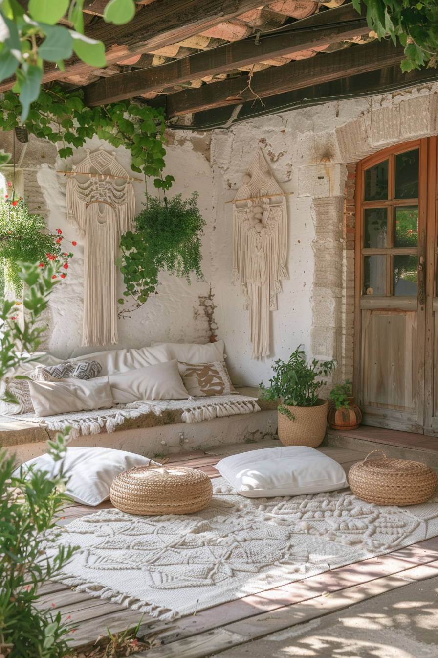 Cozy outdoor nook with cushions on built-in seating, macramé wall art, plants, and a rug under a vine-covered pergola.