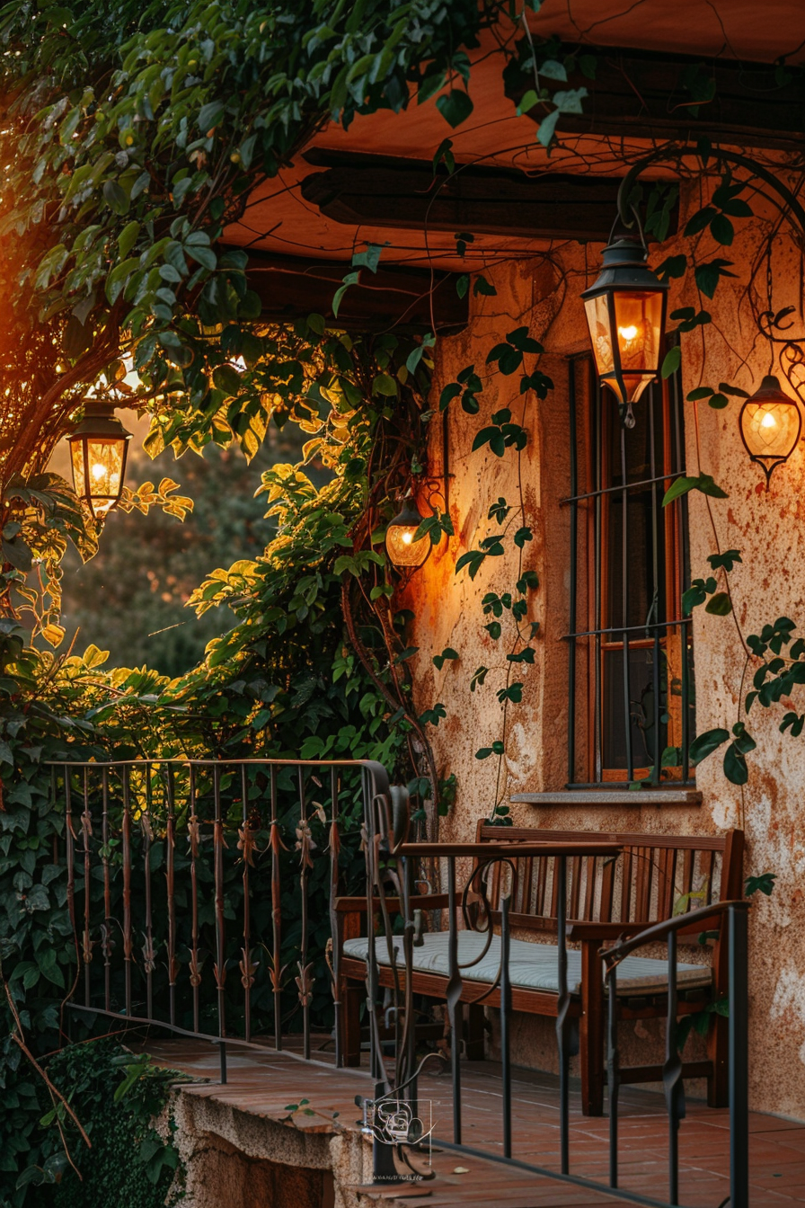A cozy balcony with a wooden bench, surrounded by green plants and lit by warm lanterns in the evening.