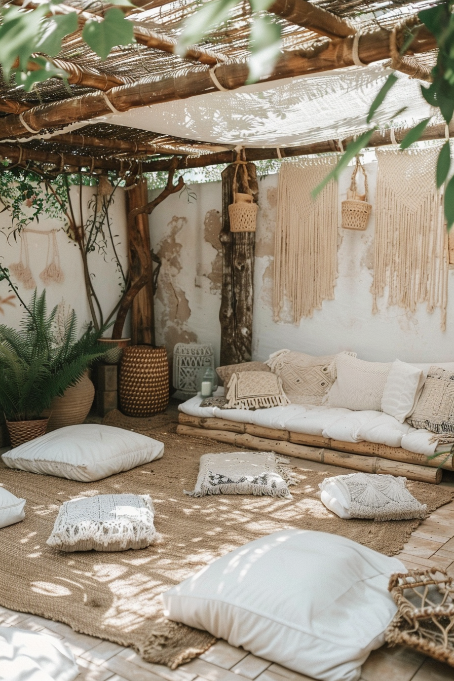 Cozy bohemian-style outdoor lounge area with cushions, macramé wall art, plants, and a thatched roof casting dappled light.