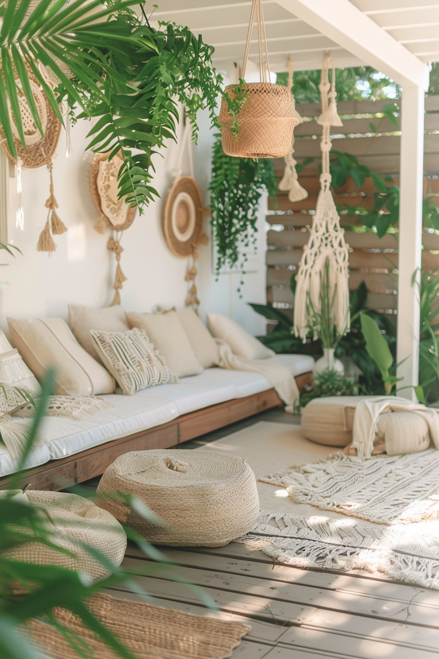 A cozy bohemian-style patio with a cushioned seating area, hanging plants, and woven decor in a sunny outdoor space.