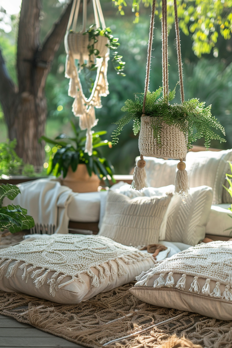 ALT: A cozy outdoor nook with macramé plant hangers, green foliage, and plush floor cushions on a textured rug surrounded by lush greenery.