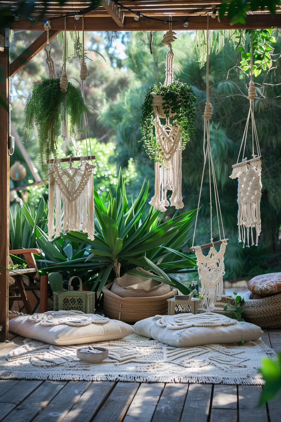 A serene outdoor relaxation area with macrame plant hangers, lush greenery, floor cushions, and a patterned rug on wooden decking.