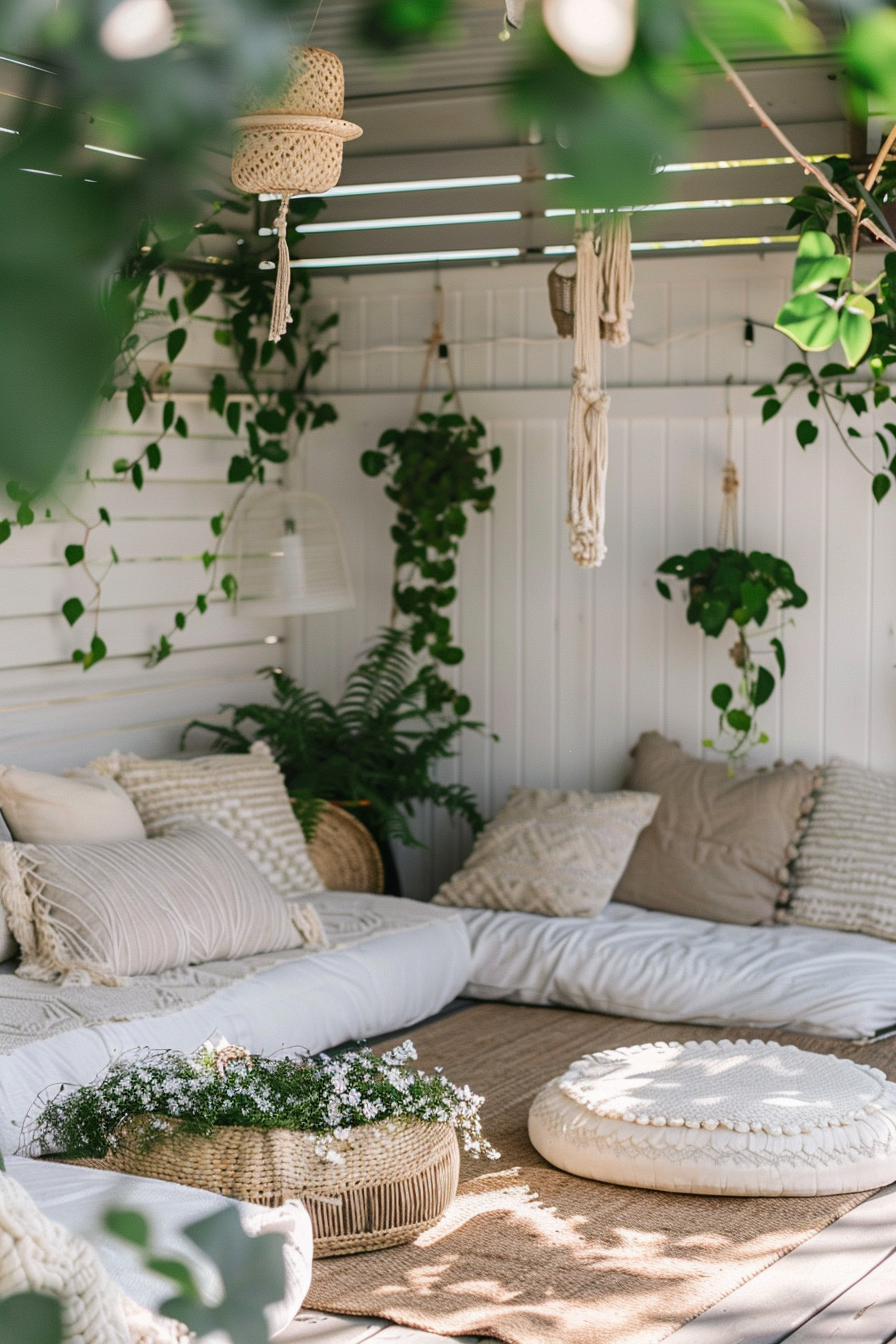 A cozy outdoor nook with cushioned seating, surrounded by hanging green plants, wicker accents, and soft natural lighting.