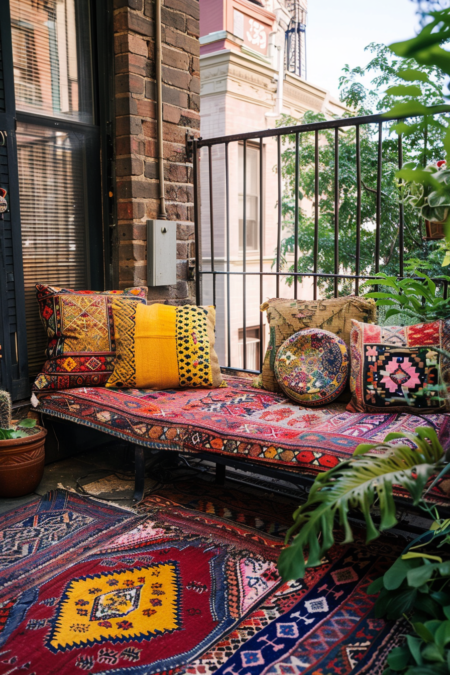Cozy balcony with a daybed, bright patterned textiles, and potted plants, creating an inviting outdoor space.