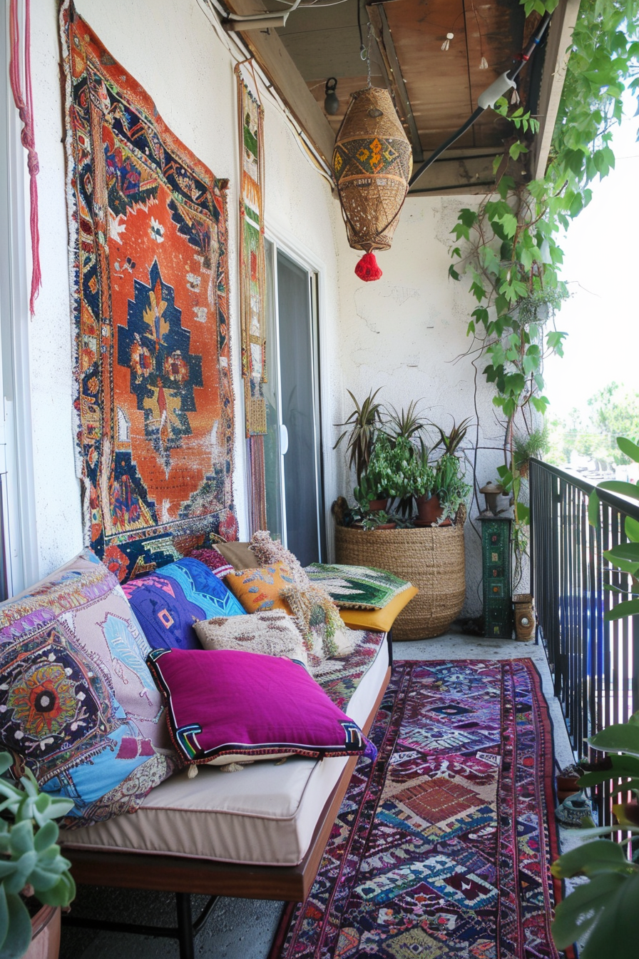 A cozy balcony with colorful cushions on a bench, vibrant rugs, hanging plants, and decorative lanterns.