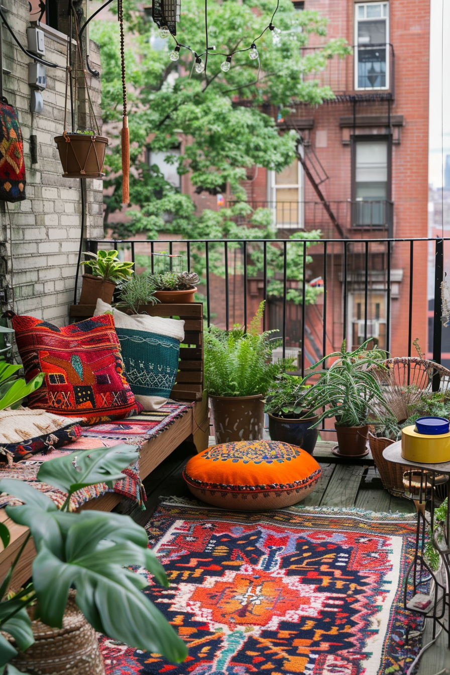 Cozy balcony with colorful cushions, ethnic rugs, plants, and string lights overlooking a cityscape with brick buildings and green trees.