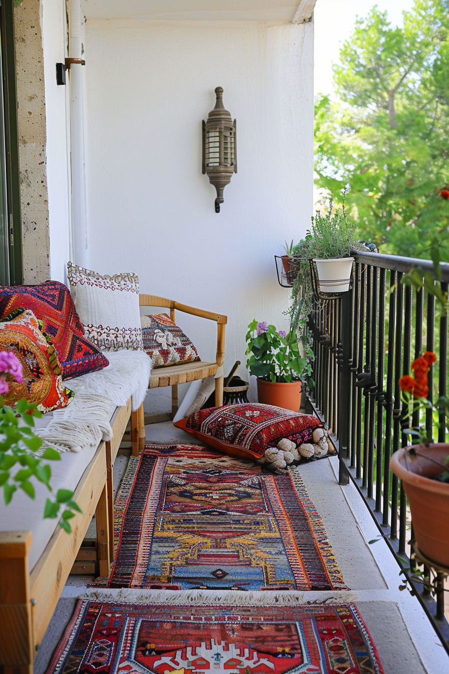 Colorful balcony with ethnic rugs, a wooden bench with cushions, plants, and a lantern on the wall.