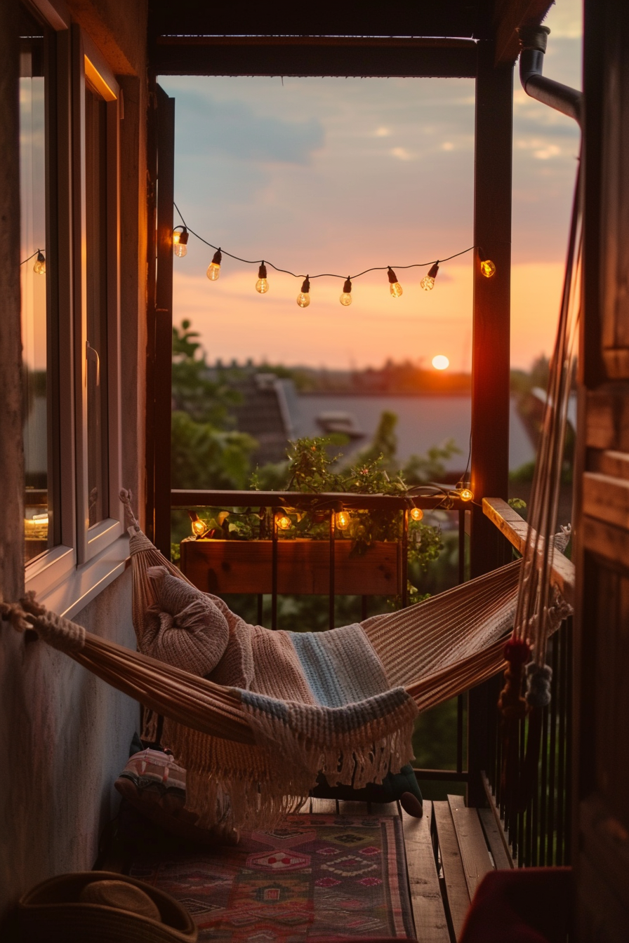 A cozy balcony with a hammock, string lights, and plants, overlooking a sunset.