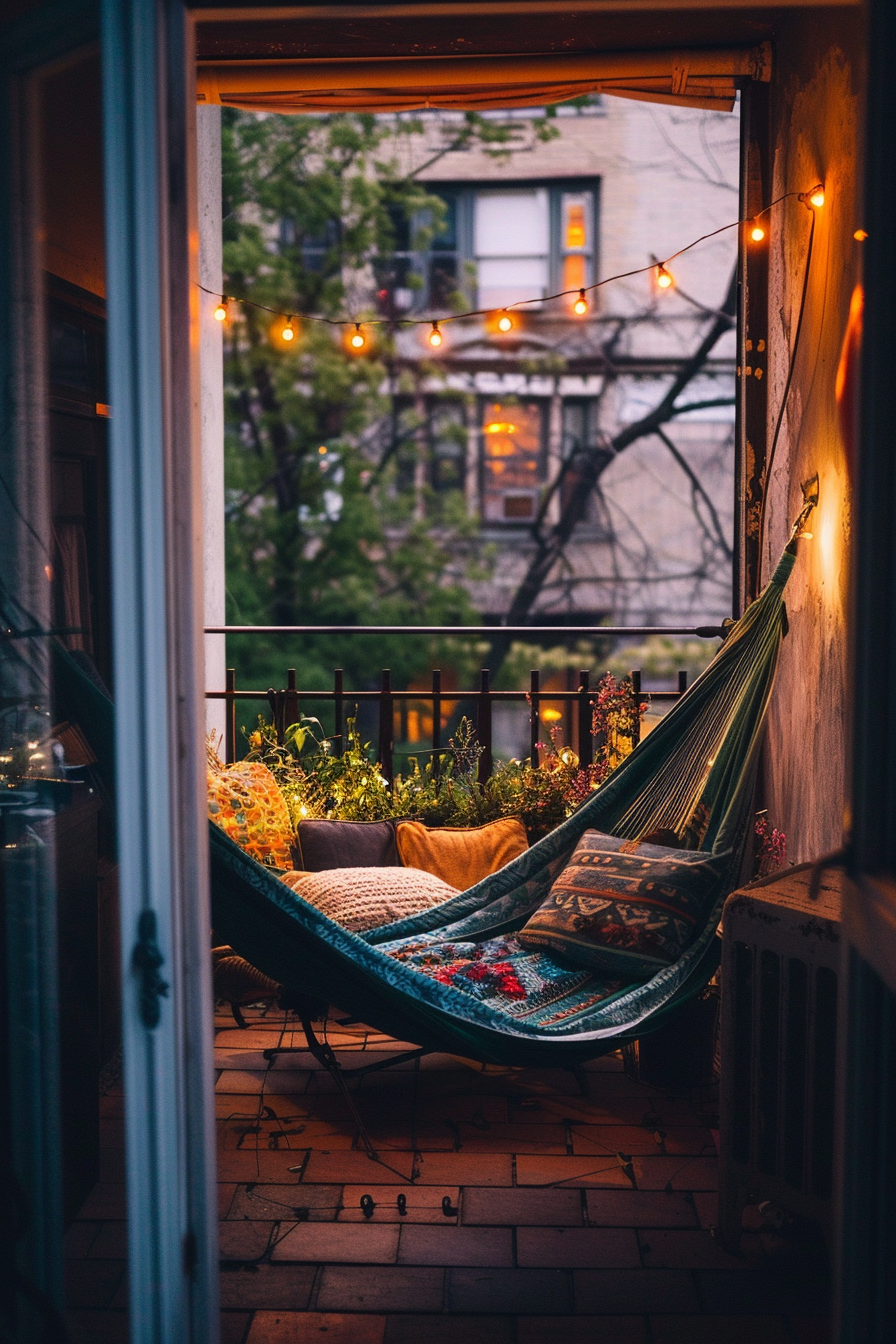 Cozy balcony with a hammock, cushions, string lights, and plants, viewed from a doorway in the evening.