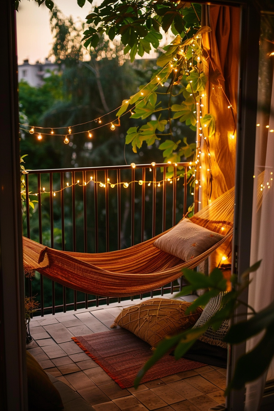Cozy balcony with a hammock, cushions, and fairy lights, at dusk surrounded by greenery.