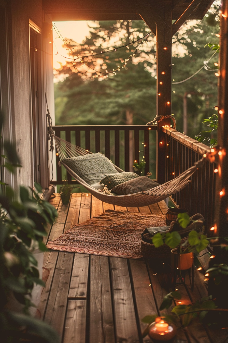 A cozy porch at sunset with a hammock, twinkling lights, patterned rug, and serene forest backdrop.