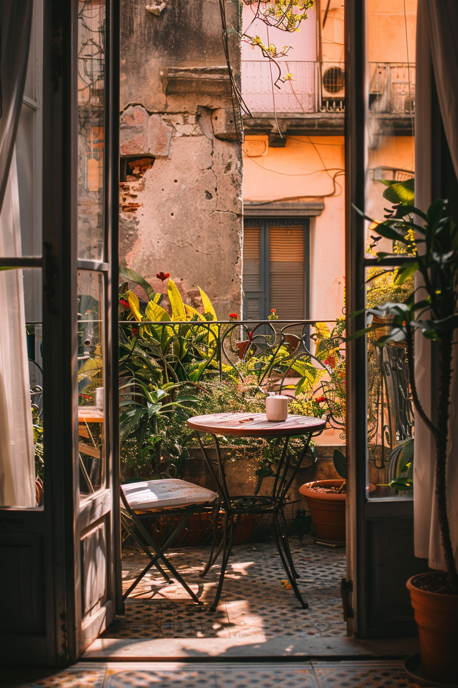 ALT: A cozy balcony filled with plants and a small table set with a cup, viewed from an open door, inviting warmth with a vintage feel.