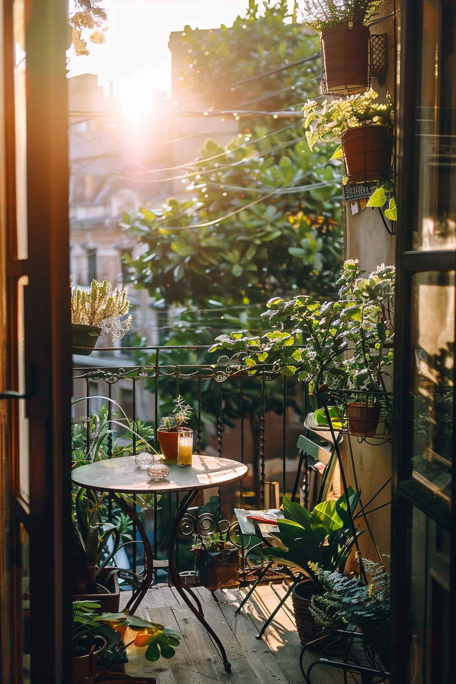 Cozy balcony with plants and a table set with a drink, bathed in warm sunlight.