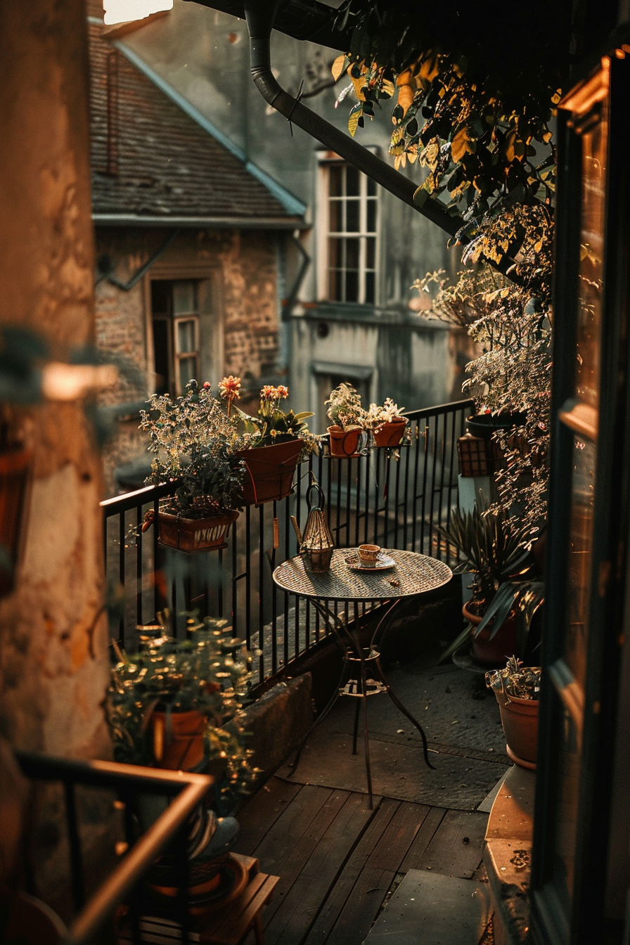 Cozy balcony with potted plants, a wrought iron table, and a coffee cup, overlooking historic stone buildings at dusk.