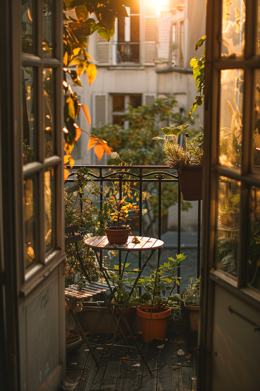 Cozy balcony with plants and a small table bathed in warm sunlight, overlooking buildings in the background.
