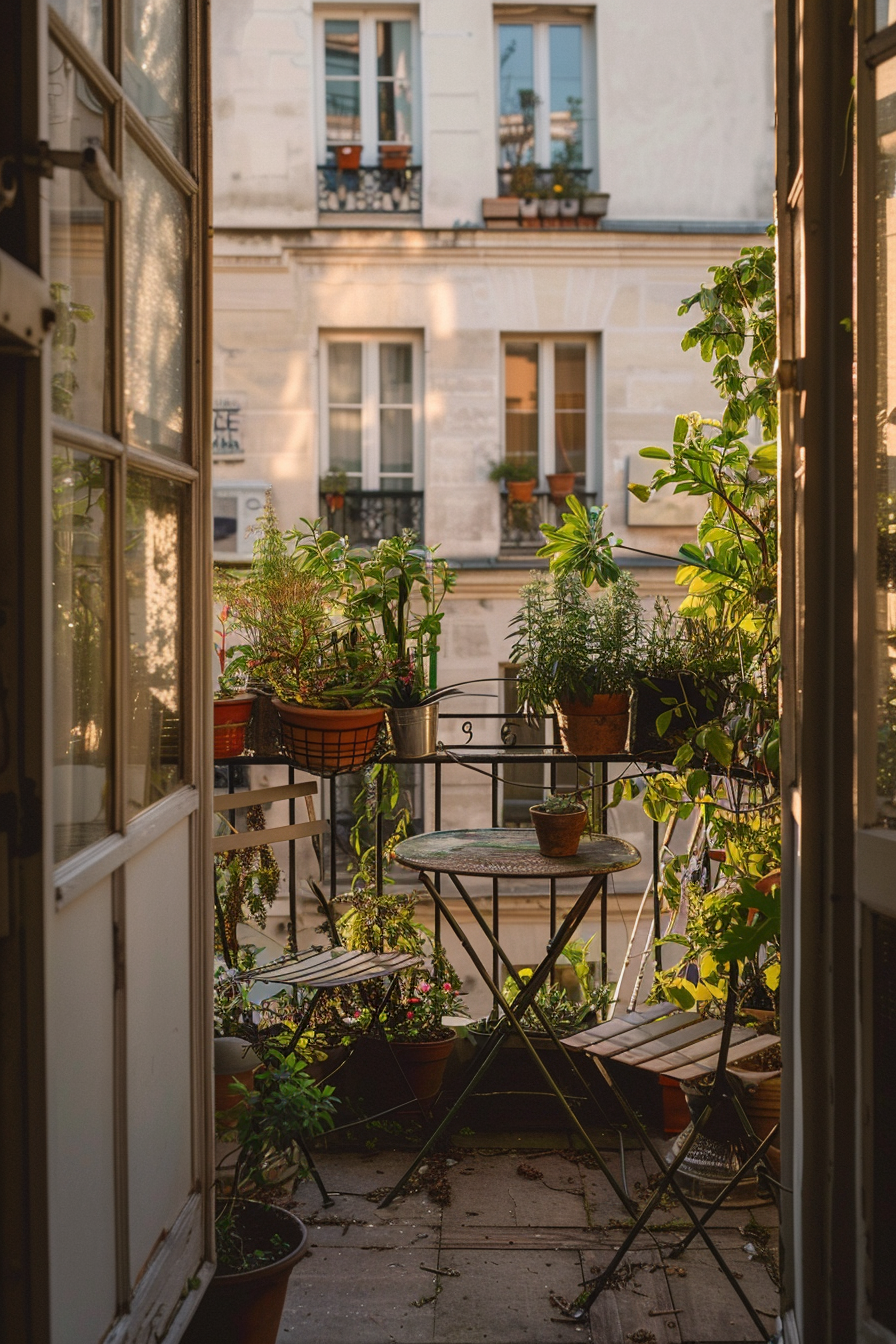 Cozy balcony filled with potted plants and a small bistro set, viewed from an open window with sunlight filtering through.