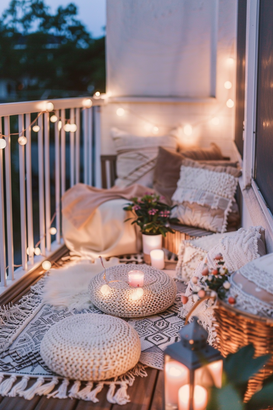 Cozy balcony setup at dusk with string lights, candles, knit poufs, and plush blankets and pillows.