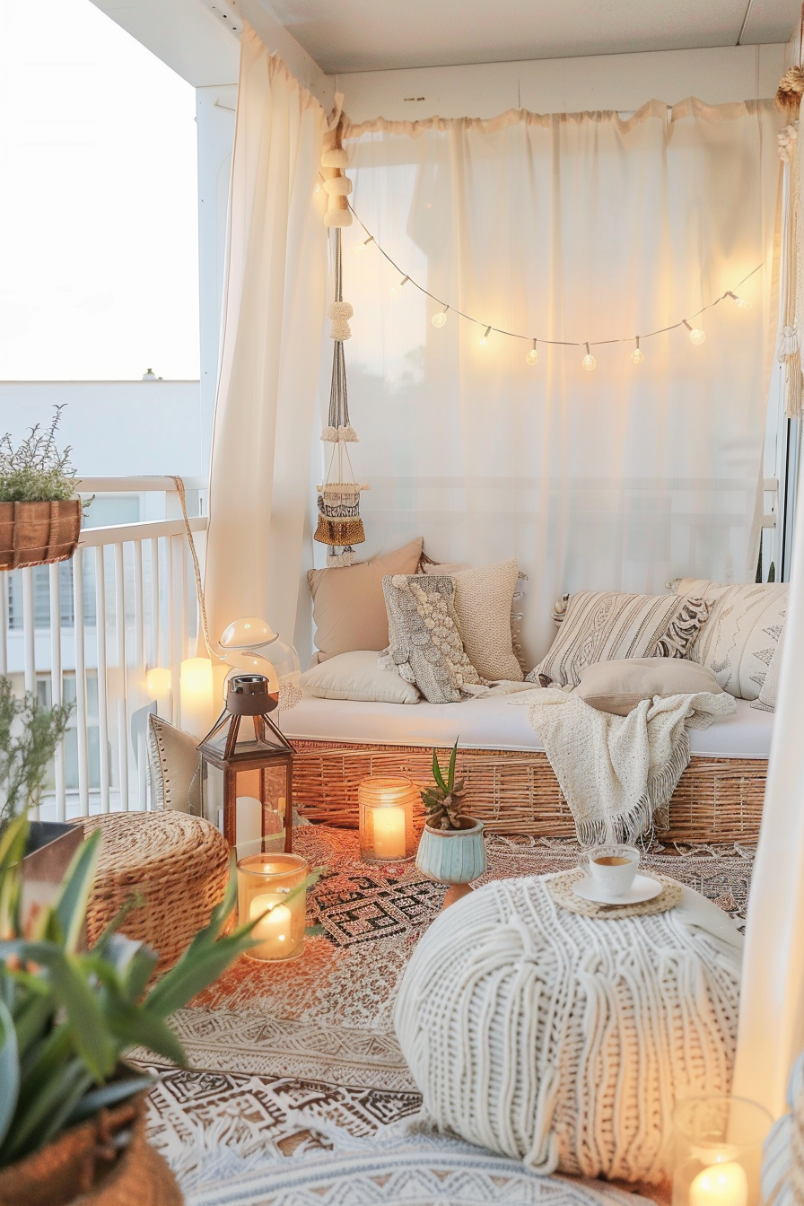 Cozy balcony setup with a daybed, cushions, knit throw, string lights, plants, candles, and a patterned rug.