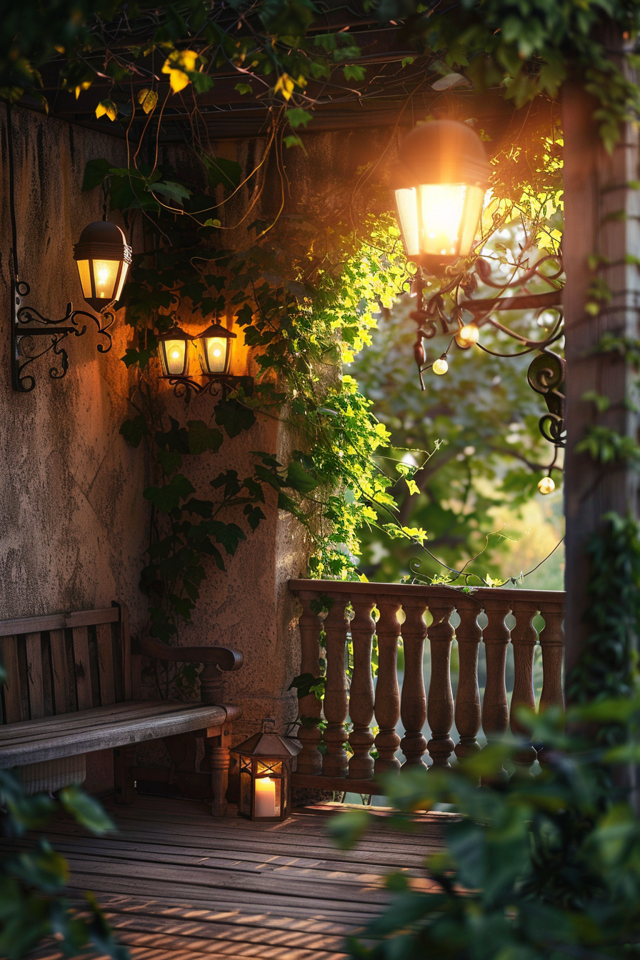 Cozy balcony with wooden bench, lit lanterns, and green climbing plants during a warm evening ambiance.