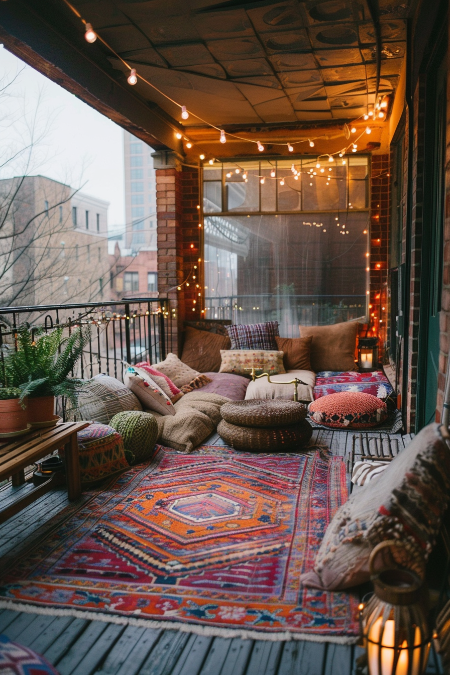 Cozy balcony with string lights, colorful rugs, cushions, and plants, evoking a warm, inviting atmosphere.