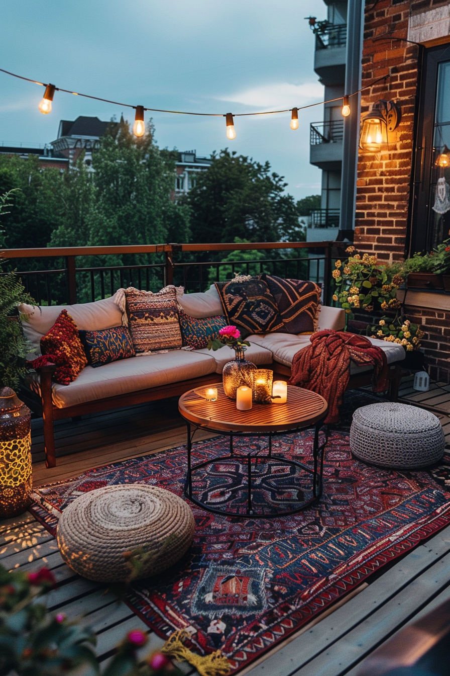 Cozy balcony at dusk with string lights, a sofa with decorative pillows, a coffee table with candles, and an ornate rug.