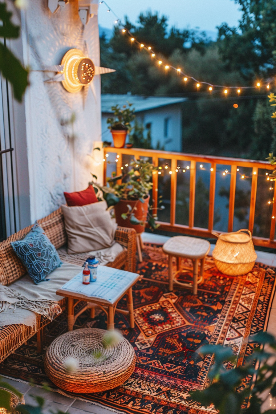 A cozy balcony with wicker furniture, patterned rugs, decorative lights, plants, and a straw hat during twilight.