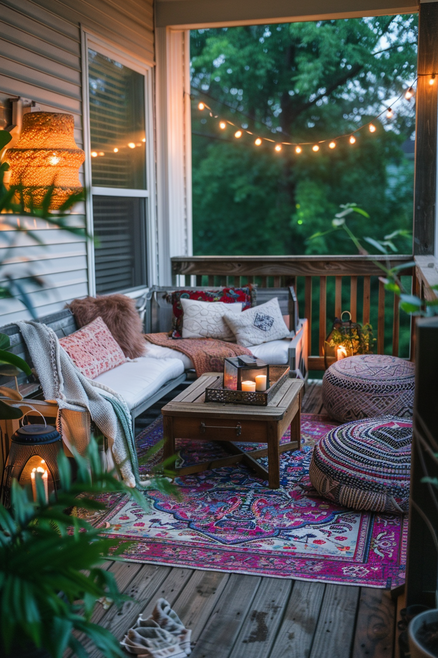 Cozy outdoor porch with string lights, patterned rugs, and comfortable seating with cushions and throw pillows at twilight.