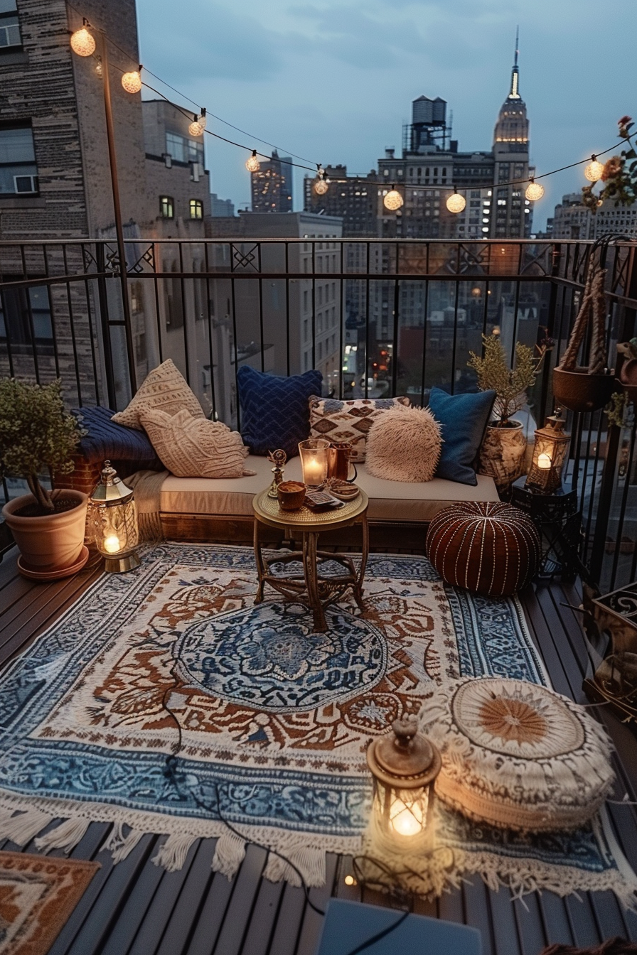 Cozy balcony with patterned rugs and cushions, lit by string lights, overlooking city buildings at dusk.