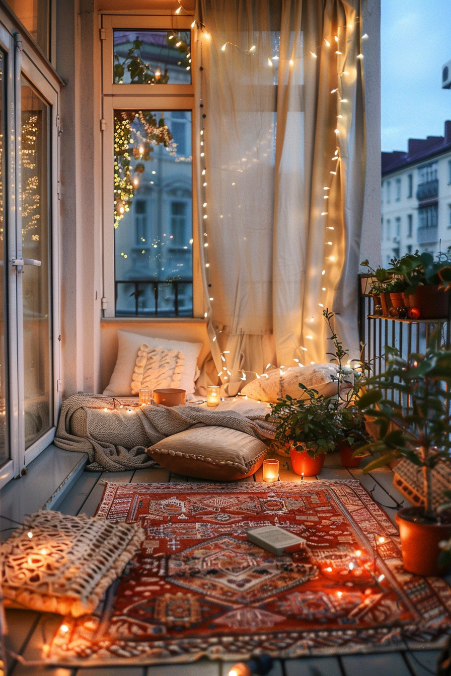Cozy balcony decorated with fairy lights, cushions, and plants, exuding a warm, inviting atmosphere at dusk.