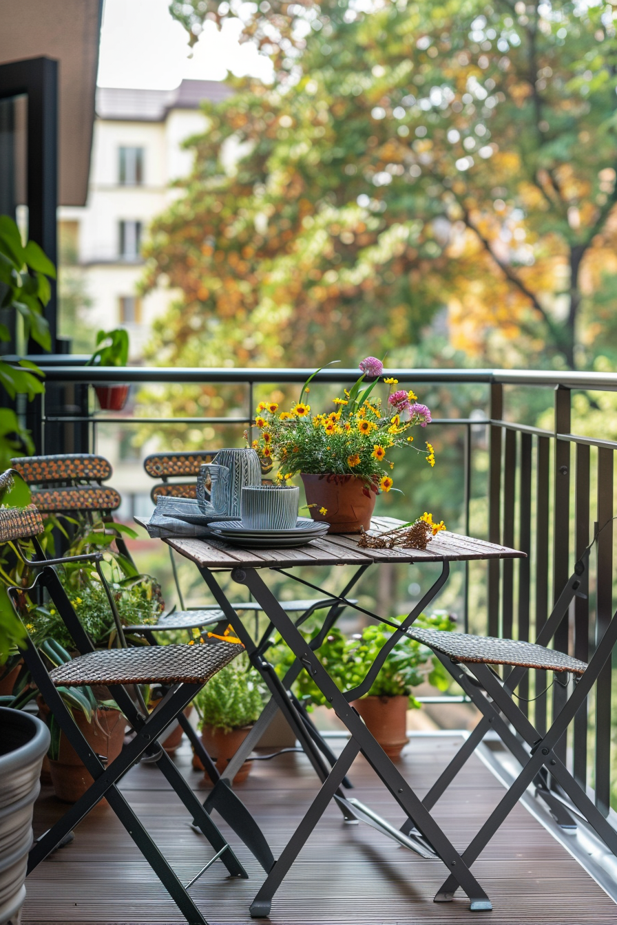 ALT: A cozy balcony setting with a bistro table set for two, vibrant potted flowers, and a view of green trees in the background.