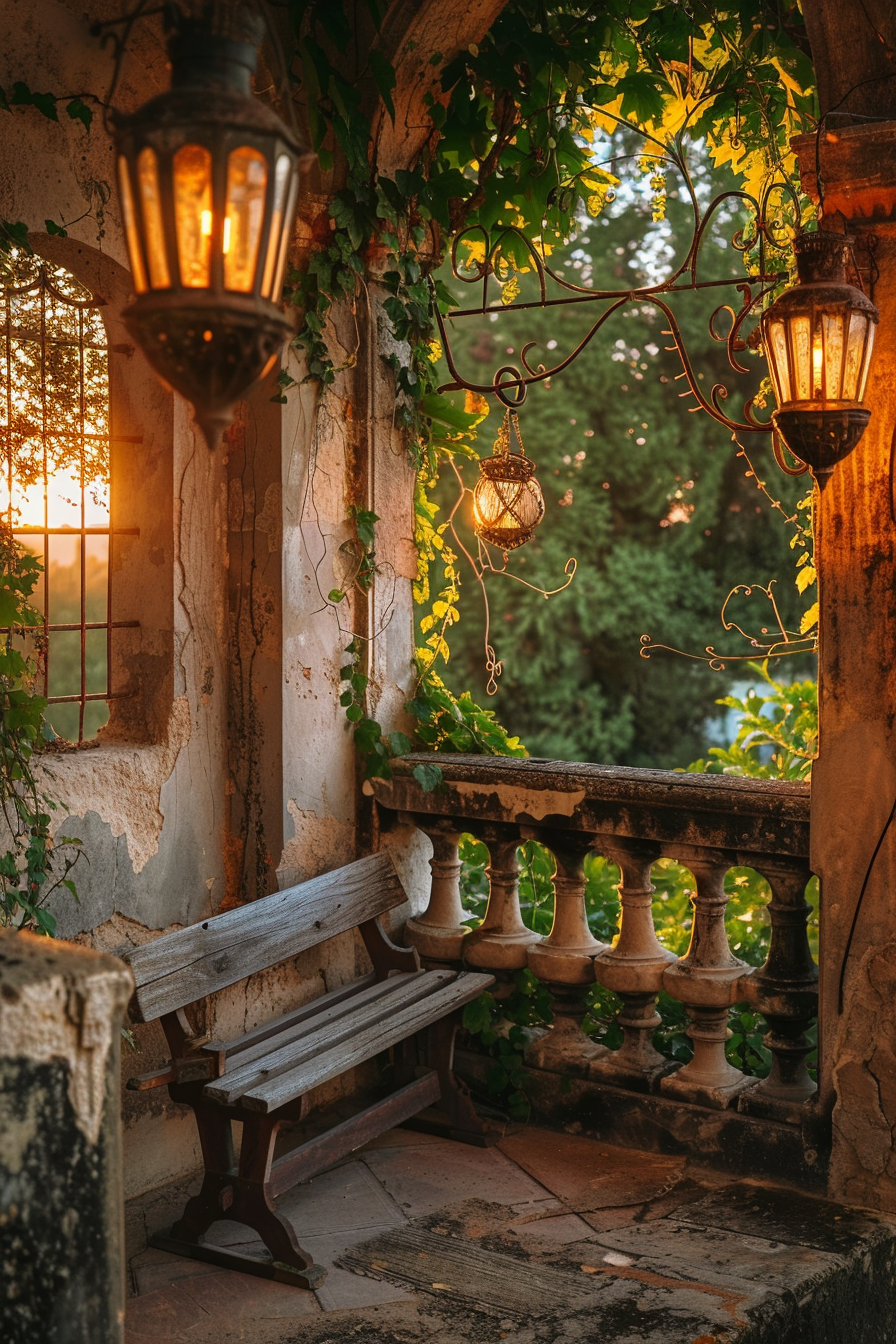 Old wooden bench on a balcony with ivy, ornate lamps, and sunset light filtering through the trees.