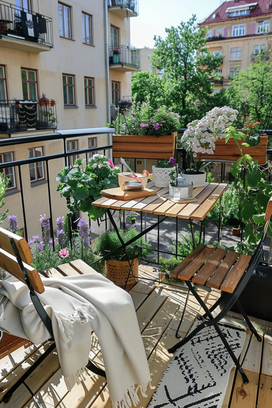 Cozy balcony with wooden table, chairs, potted plants, and a throw blanket, surrounded by city apartment buildings.