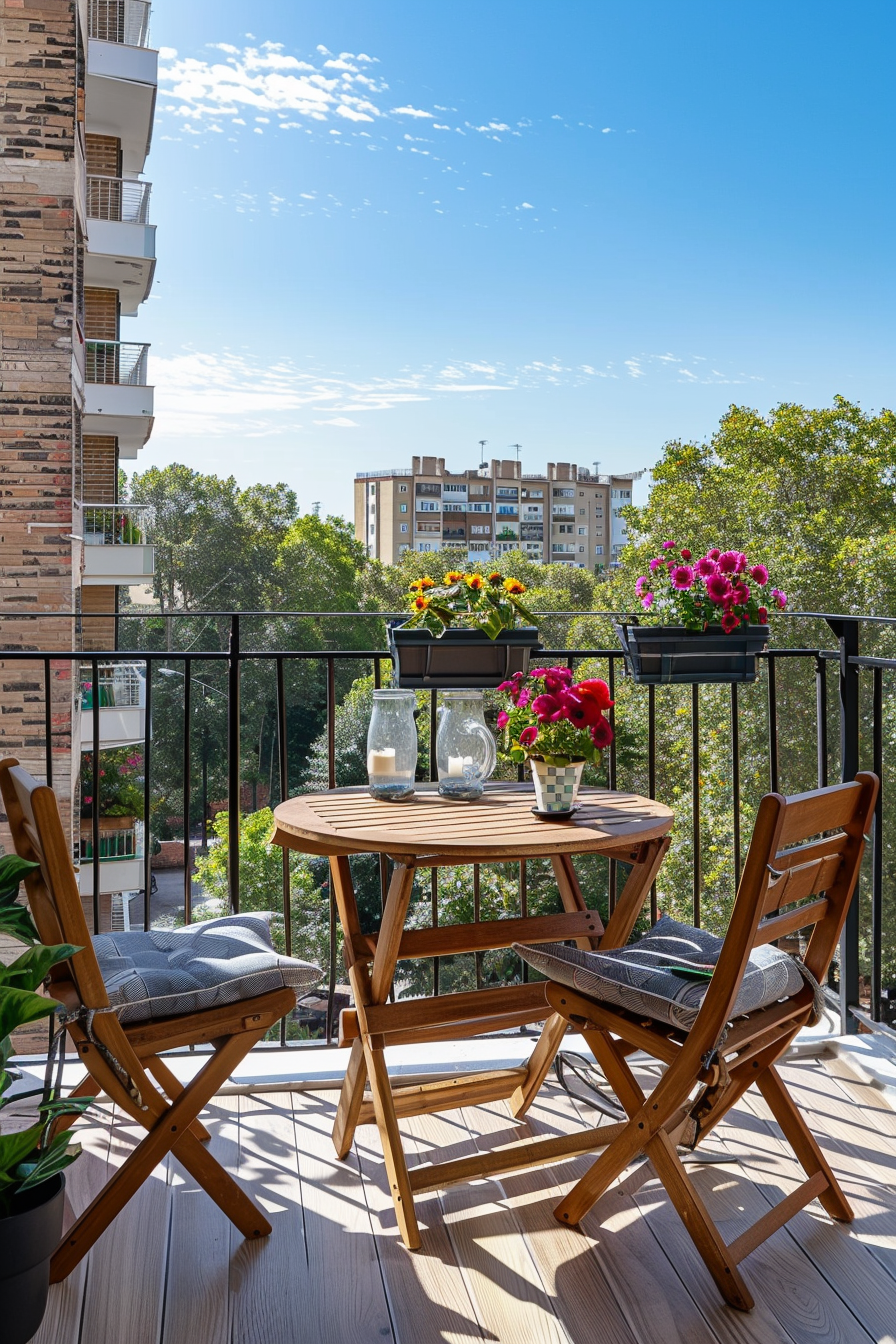 Balcony with a wooden table and chairs, flowering plants, overlooking trees and apartment buildings on a sunny day.