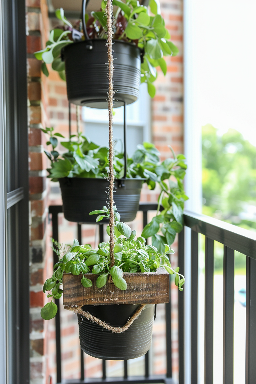 Hanging potted plants with green foliage on a sunny balcony with brick and metal railings, suggesting urban gardening.