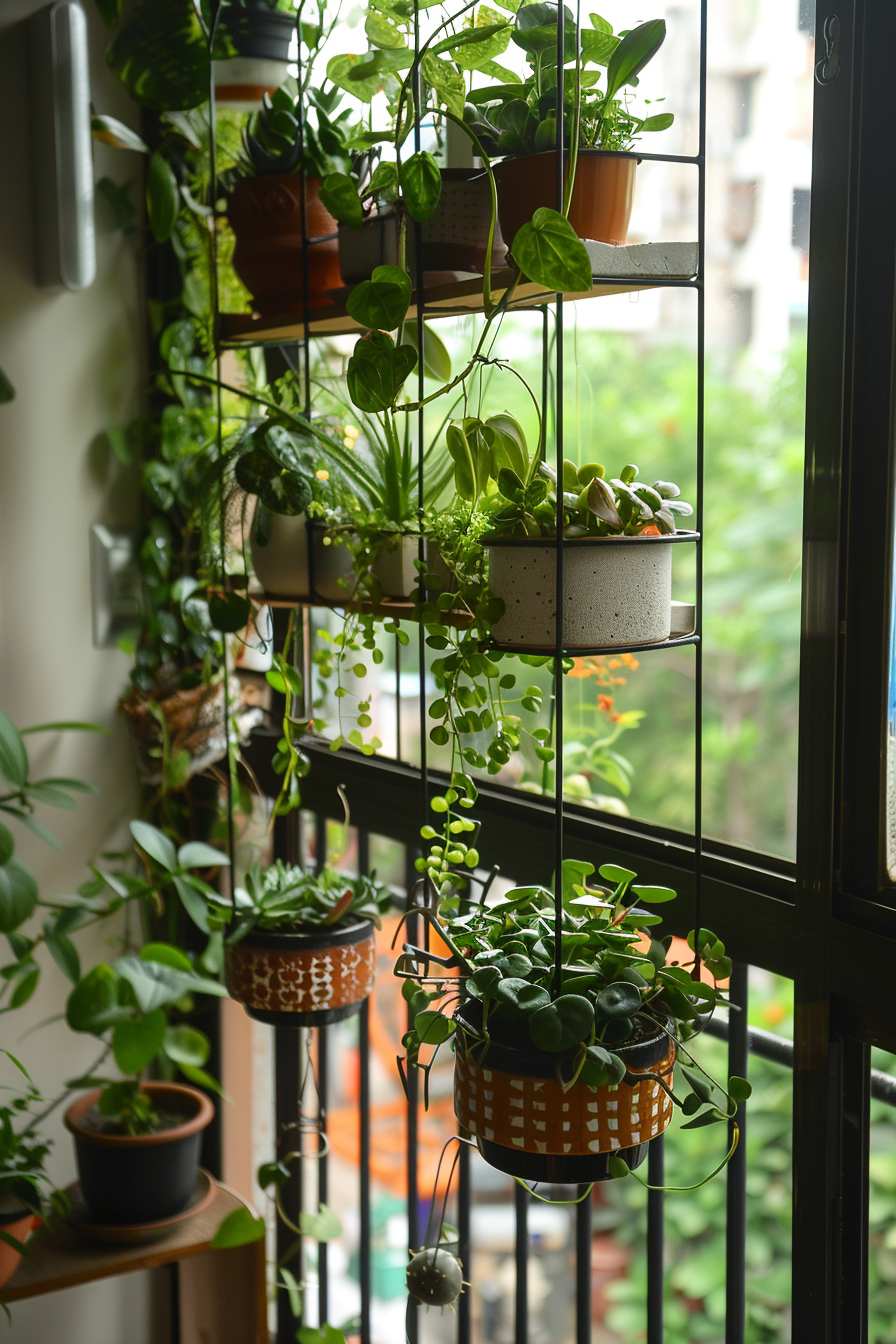 A variety of green indoor plants in pots hanging from a black metal grid in front of a bright window with a view of trees outside.
