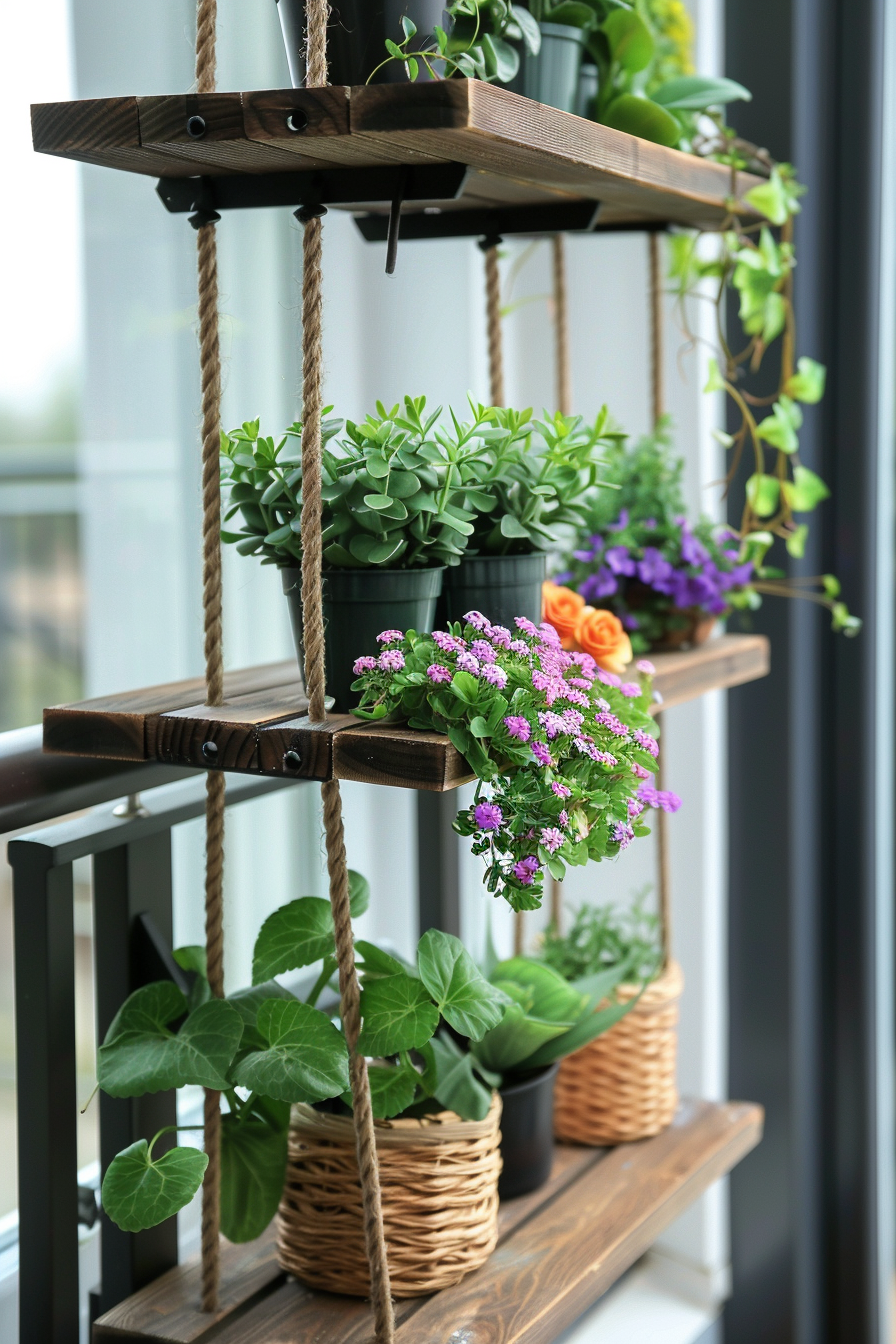 Hanging wooden shelves with various potted plants displayed on a balcony, secured by rope.
