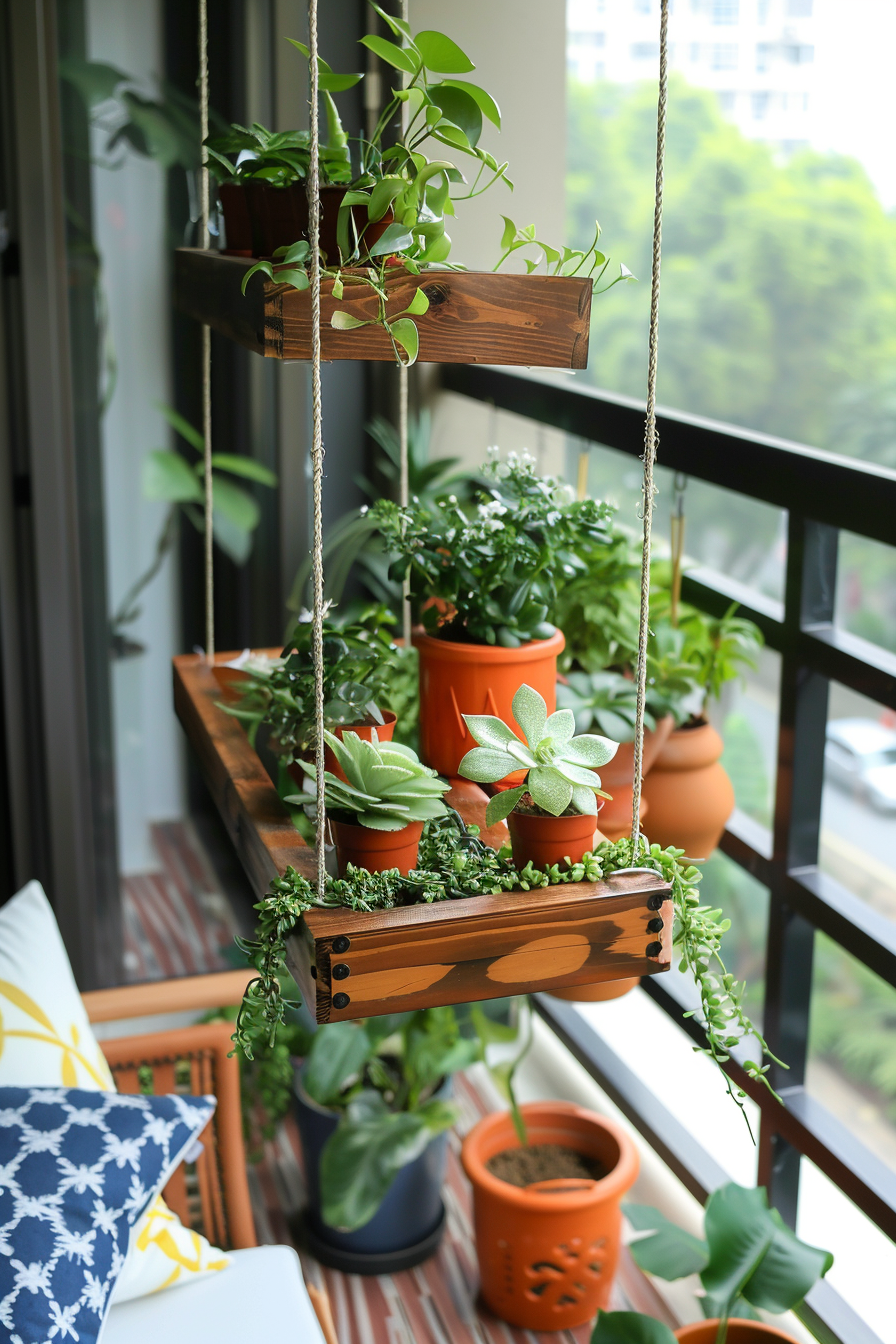 A cozy balcony garden with hanging and potted plants, showcasing a variety of green foliage against a backdrop of a city view.