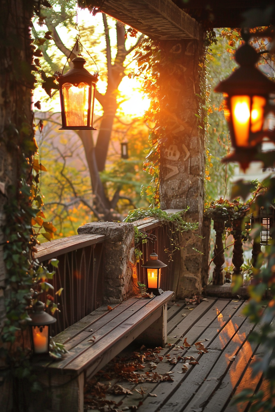 Wooden bench on a porch with lit lanterns at dusk, surrounded by autumn leaves and ivy, with a warm sunset in the background.