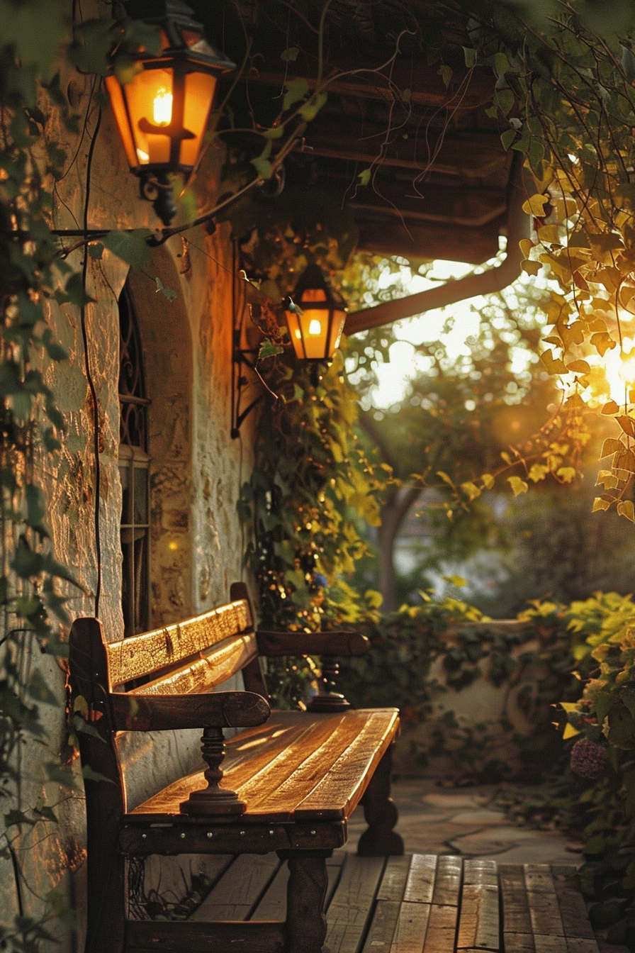 Wooden bench lit by warm street lamps on a cozy alley, surrounded by greenery at dusk.